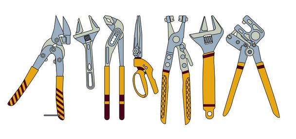 Una serie di strumenti per l'installatore in stile piatto. Per una ferramenta. Illustrazione vettoriale. - Vettoriali, immagini