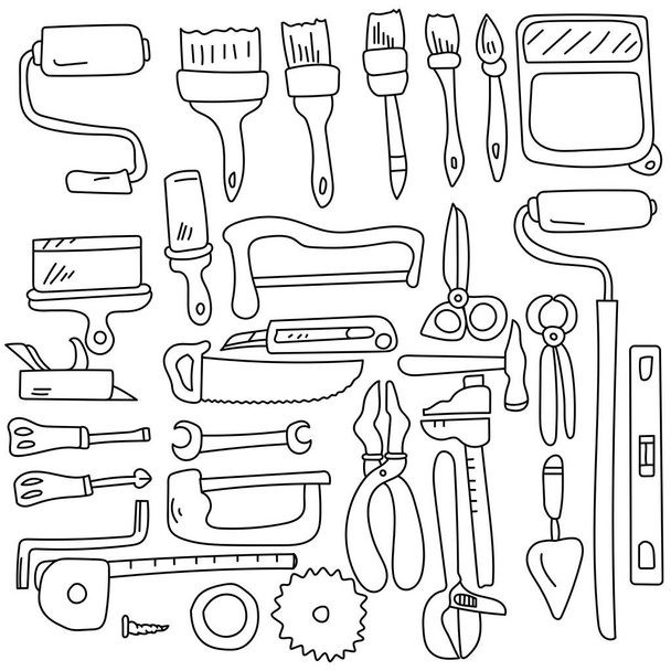 Doodle repair tools, een breed scala aan items voor timmerwerk, schilderen en kleine reparaties vector illustratie - Vector, afbeelding