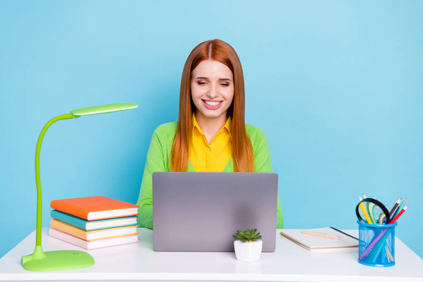 Portrait of nice attractive focused cheerful girl using laptop doing homework isolated over pastel blue color background - Foto, Bild
