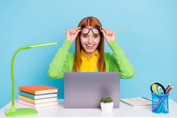 Portrait of attractive amazed cheerful girl using laptop reading report isolated over pastel blue color background - Фото, изображение