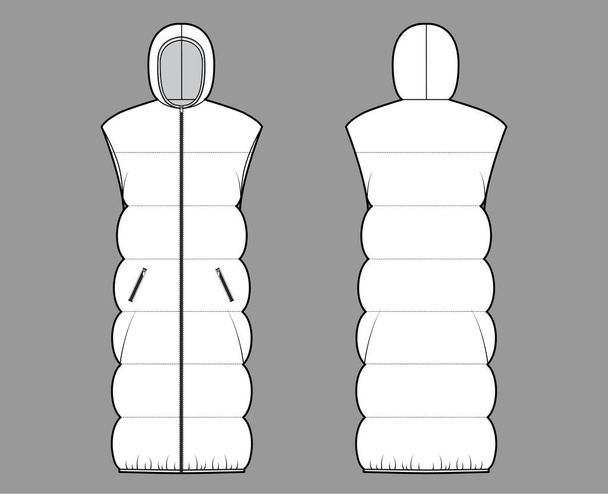 Dolní vesta nafukovací vesta technická módní ilustrace s rukávem bez rukávů, mikina límec, zapínání na zip-up, nadrozměrná - Vektor, obrázek