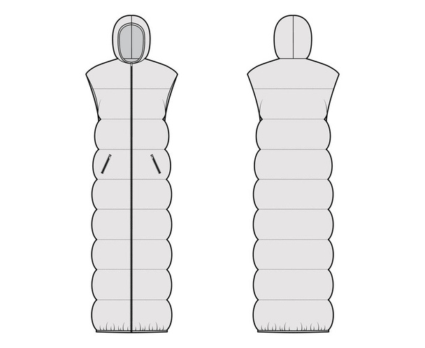 Down γιλέκο puffer γιλέκο τεχνική εικόνα μόδας με αμάνικο, hoody γιακά, zip-up κλείσιμο, maxi μήκος - Διάνυσμα, εικόνα