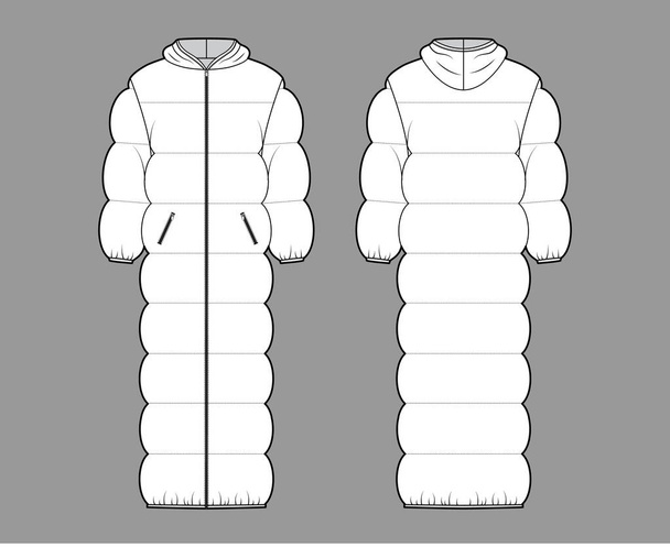 Chaqueta de abrigo con capucha acolchada con puffer con capucha ilustración técnica de moda con manga larga, cierre con cremallera, sobredimensionado - Vector, imagen