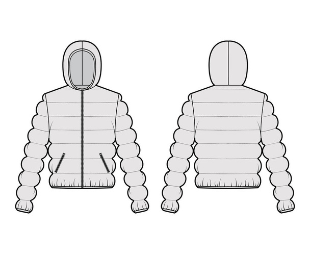 Hooded jacket Down puffer coat technical fashion illustration with zip-up closure, pockets, oversized, classic quilting - Vector, Image