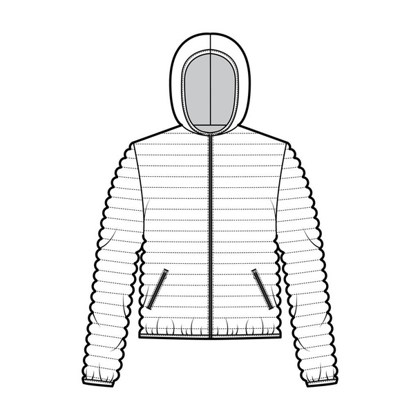 Hooded jacket Down puffer coat technical fashion illustration with long sleeves, zip-up closure, pocket, narrow quilting - Vector, Image