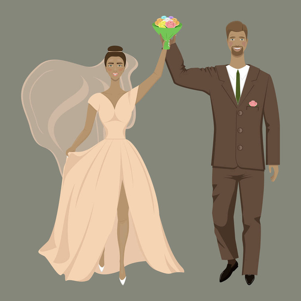   happy groom with bride holding bouquet in hands and smiling on gray background - Vecteur, image