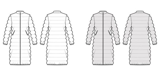 Cappotto trapuntato shell piumino puffer tecnica illustrazione di moda con maniche lunghe, colletto, chiusura con zip, tasche - Vettoriali, immagini