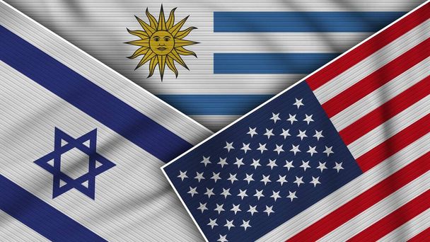 Urugwaj Stany Zjednoczone Ameryki Izrael Flagi Razem Tkanina Tekstura Efekt Ilustracja - Zdjęcie, obraz