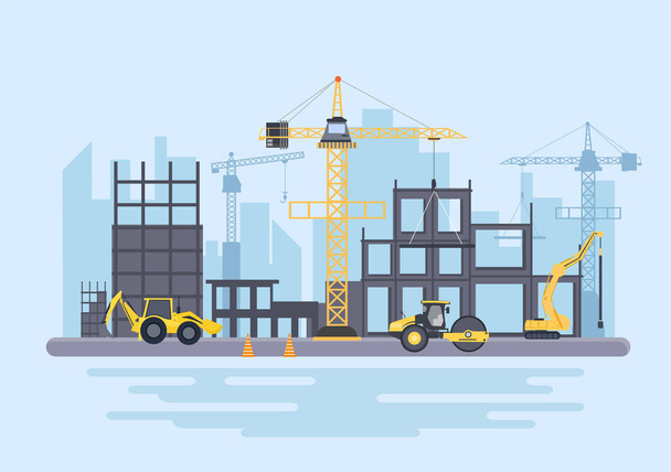 Construction of Building Vector illustration. Architecture Makes Foundation, Pours Concrete, Excavator Digs, Use Machine Tower Cranes, Pile Boring Equipment and Backhoe. Real Estate Cartoon Business - Vector, Image
