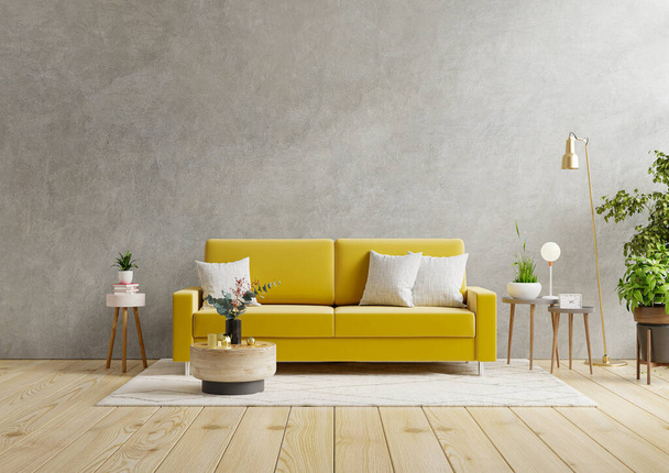Žlutá pohovka a dřevěný stůl v obývacím pokoji interiér s rostlinou, betonová stěna.3d vykreslování - Fotografie, Obrázek