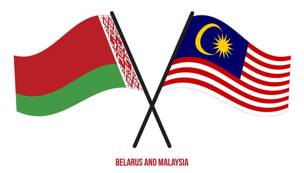 Λευκορωσία και Μαλαισία Σημαίες διασταυρώθηκαν και κυματίζουν επίπεδα στυλ. Επίσημη αναλογία. Διορθωμένα χρώματα. - Διάνυσμα, εικόνα