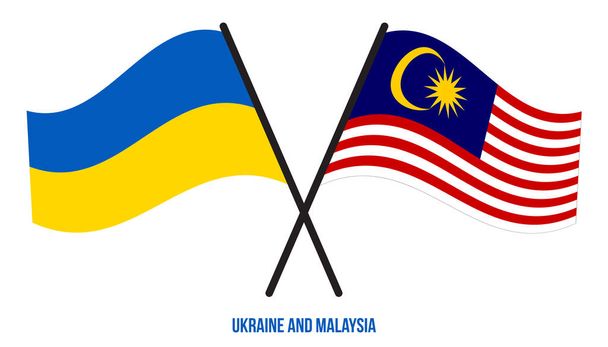 Ουκρανία και Μαλαισία Σημαίες διασταυρώθηκαν και κυματίζουν επίπεδη στυλ. Επίσημη αναλογία. Διορθωμένα χρώματα. - Διάνυσμα, εικόνα