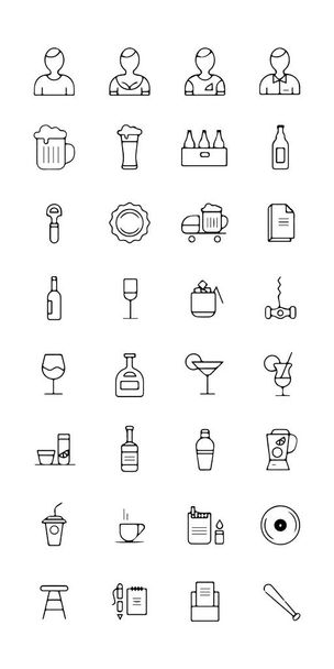 une collection d'icônes de bar et pub avec tous les éléments comme les serveurs, la bière, le jus, l'alcool et les jeux - Vecteur, image