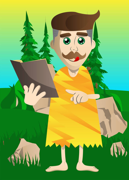 Cartoon prehistoric man reading and pointing at an opened book. Vector illustration of a man from the stone age. - Vektör, Görsel