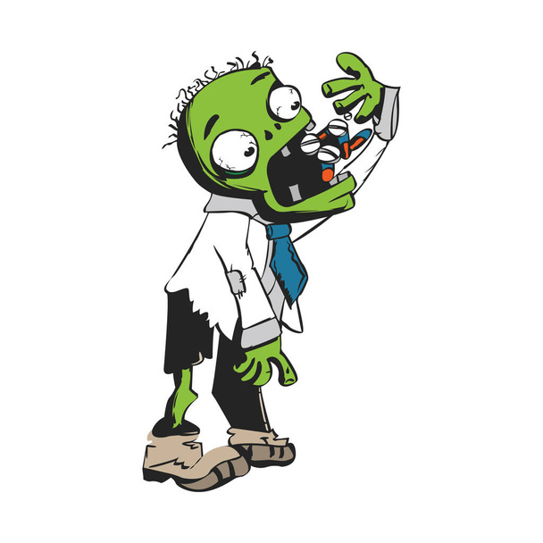 Hombre zombie está tragando demasiadas pastillas en Halloween - Vector, Imagen