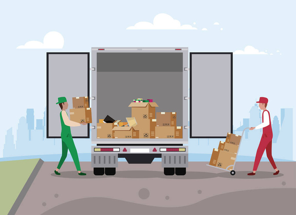Delivery men with moving out boxes and truck - Vector, Image