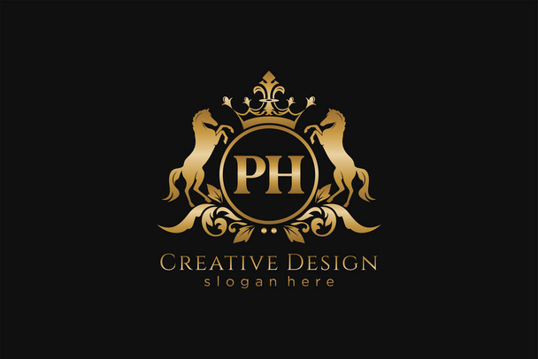 PH Retro golden crest with circle and two horses, badge template with scrolls and royal crown - perfect for luxurious branding projects - Vector, Image
