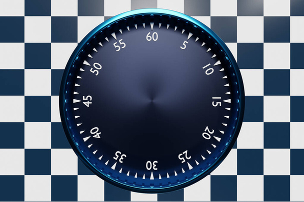 3d illustratie van zwarte ronde klok, stopwatch op een zwart-wit geblokte achtergrond. Stopwatch icoon, logo. Chronometer, vintage timer - Foto, afbeelding