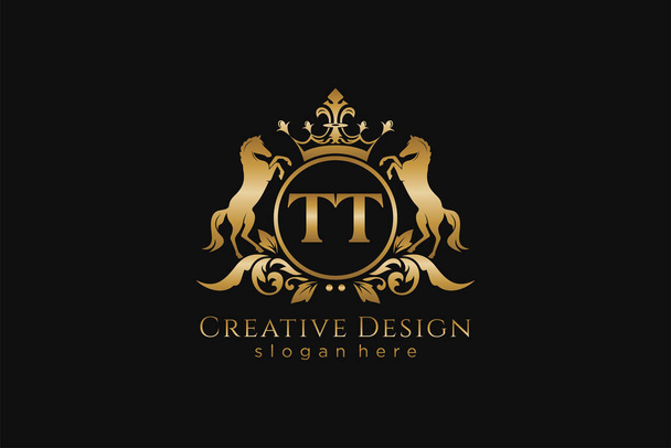 TT Retro golden crest with circle and two horses, badge template with scrolls and royal crown - perfect for luxurious branding projects - Vector, Image