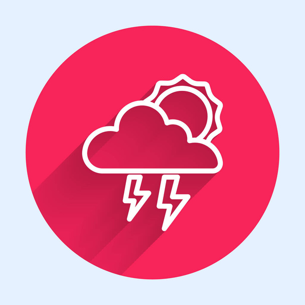 Icono de Tormenta de línea blanca aislado con sombra larga. Nube con rayo y signo de sol. Icono del tiempo de tormenta. Botón círculo rojo. Vector - Vector, Imagen