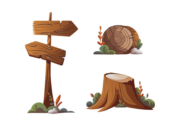 Stump, log and guidepost. Camping, traveling, trip, hiking, camper, nature, journey, campsite elements. Isolated vector illustration. - Vektor, obrázek