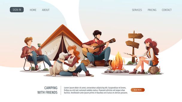 Group of people sitting by campfire in the camp. Summertime camping, traveling, trip, hiking, camper, nature, journey concept. Vector illustration for poster, banner, website. - Vektör, Görsel