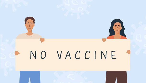 Άνθρωποι που κρατούν πλακάτ χωρίς λεζάντα εμβολίου. Διαδήλωση κατά του εμβολιασμού. Ακτιβιστές απορρίπτουν την προληπτική ιατρική. Άρνηση εµβολίου Covid-19. Εικονογράφηση διάνυσμα σε επίπεδο στυλ. - Διάνυσμα, εικόνα