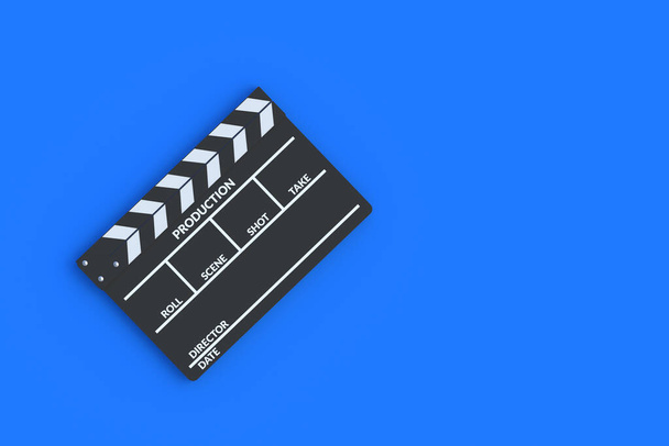 Movie clapper board on blue background. Filmmaking accessories. Cinematography concept. Film in the cinema. Top view. Copy space. 3d render - Фото, изображение