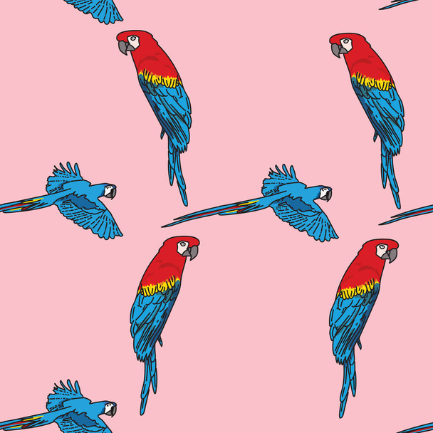 Vector pink background tropical birds, parrots, macaw, exotic cockatoo birds. Seamless pattern background - Вектор, зображення