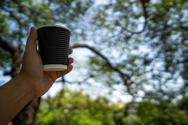 A hand holding a paper cup of coffee in a park - Foto, immagini