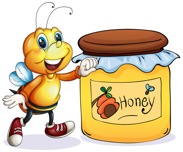 Pszczoła obok słoik miodu - Wektor, obraz