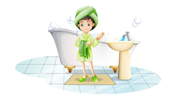 Nuori nainen kylvyssä vihreän pyyhkeen kanssa.
 - Vektori, kuva