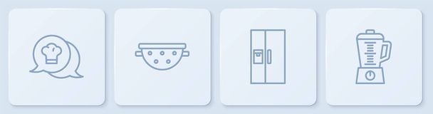 Ορισμός γραμμή Chef καπέλο σε φούσκα ομιλία, ψυγείο, σουρωτήρι κουζίνας και Blender. Λευκό τετράγωνο κουμπί. Διάνυσμα - Διάνυσμα, εικόνα