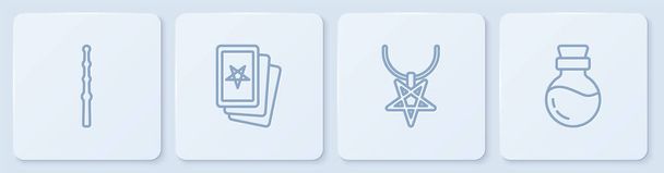 Set line Baguette magique, Pentagramme sur collier, Trois cartes de tarot et Bouteille avec potion. Bouton carré blanc. Vecteur - Vecteur, image