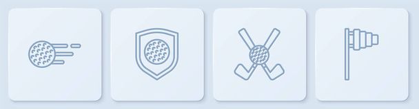 Set line Golfball, Crossed Golfschläger mit Schild und Fahne. Weiße quadratische Taste. Vektor - Vektor, Bild