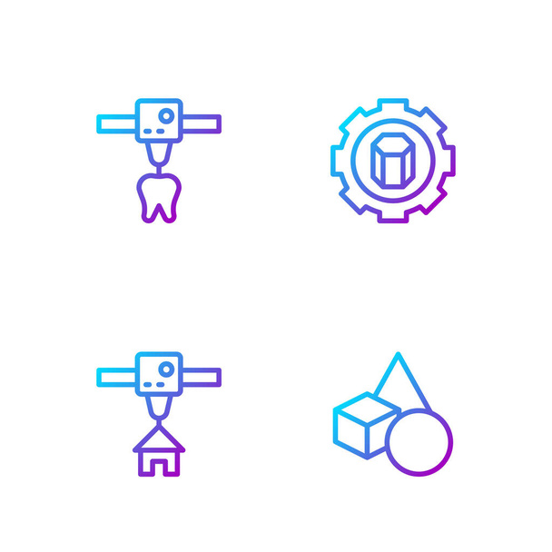 Set line Basic geometric shapes, 3D printer house, tooth and setting. Gradient color icons. Vector - Vector, Image