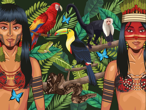 indigenous women set with animals - Vector, Image