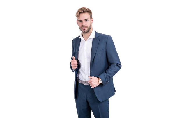 confident successful businessman in businesslike suit and wristwatch isolated on white, male fashion - 写真・画像