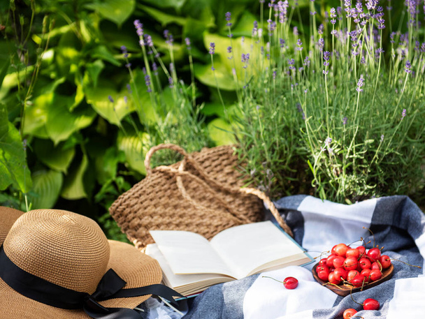 Picnic de verano en el campo de lavanda. Bodegón verano picnic al aire libre con bayas, sombrero de paja y libro - Foto, imagen