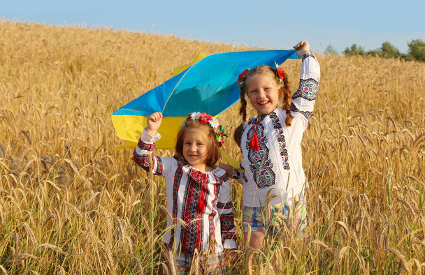 Día de la Bandera de Independencia de Ucrania. Día de la Constitución. Las muchachas ucranianas las hermanas los hermanos en la camisa bordada vyshyvanka con la bandera amarilla y azul de Ucrania en el campo. símbolos de la bandera de Ucrania. Día de Kiev - Foto, imagen