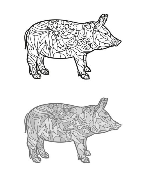 Ręcznie rysowane zarysowane świnie na izolowanym tle. Projektowanie dla duchowego relaksu dla dorosłych. Sztuka wolnoręczna. Różne kolory. Czarno-białe ilustracje - Wektor, obraz