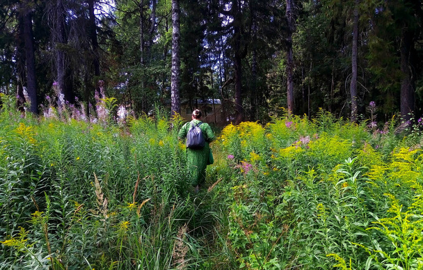 eine reife Frau in grünem Kleid mit Rucksack läuft allein auf einer blühenden Wiese im Wald. Blick von hinten. - Foto, Bild