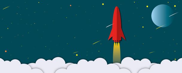 Красная ракета с облаками, поднимающимися в качестве метафоры для делового и финансового роста, Успех и финансовое развитие, Концепция роста бизнеса, стиль покроя бумаги. - Фото, изображение