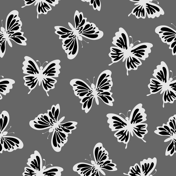 Doodle black and white butterflies and light dots on a gray background. Insects. Seamless exotic summer pattern. Suitable for wallpaper, textile, packaging. - Vector, Image