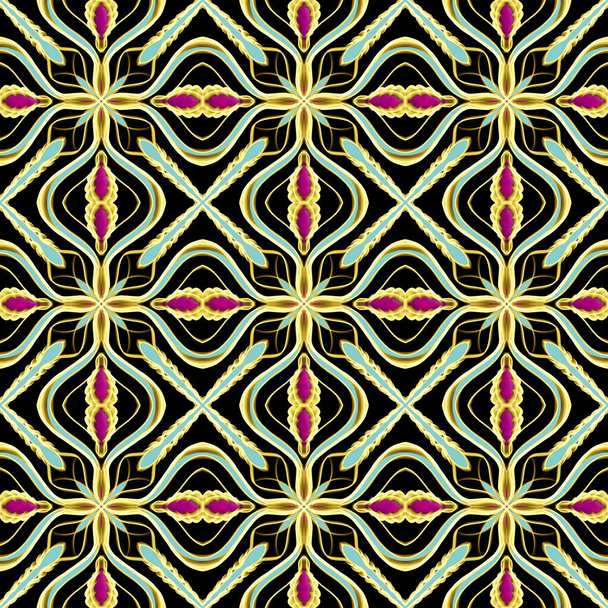 Patrón de superficie floral geométrico abstracto sin costuras en colores vivos que se repiten simétricamente. Uso para el diseño de moda, decoración del hogar, fondos de pantalla y paquetes de regalo. - Foto, imagen