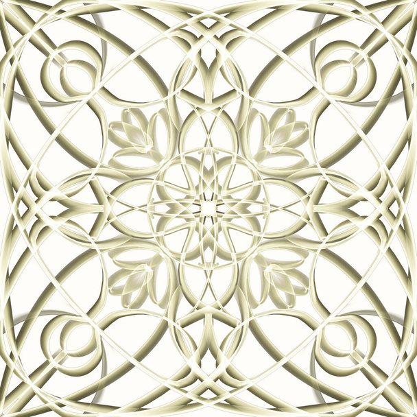 左右対称の形をした金色の抽象幾何学的な花の表面パターンが水平方向と垂直方向に繰り返されます。ファッションデザイン、家の装飾、壁紙やギフトパッケージのための使用. - 写真・画像