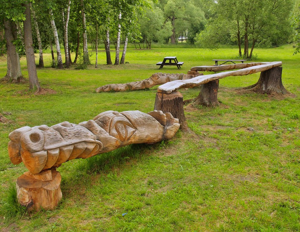 Detalle de la cabeza de dragón escultura de madera en el parque infantil, tallado en madera arte público
 - Foto, imagen