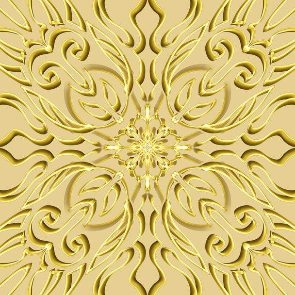 Бесшовный абстрактный геометрический цветочный рисунок поверхности в золотом цвете с симметричной формой, повторяющейся горизонтально и вертикально. Использование для дизайна одежды, украшения дома, обоев и подарочных наборов. - Фото, изображение