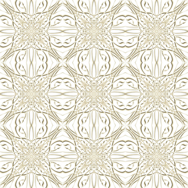 Nahtlose abstrakte geometrische florale Oberflächenmuster in goldener Farbe mit symmetrischer Form, die sich horizontal und vertikal wiederholt. Verwendung für Modedesign, Wohndekoration, Tapeten und Geschenkpakete. - Foto, Bild