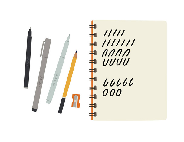 手書き文字練習。鉛筆、ライナー、マーカー、鉛筆シャープナーと手描きのスケッチブック。最上階だ。手書き文字用のツールセット。美術品だ。白に分離されたカラーベクトルイラスト. - ベクター画像